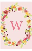 W: Soft Floral Wreath Monogram Sketchbook - 110 Sketchbook Pages (6 x 9) - Floral Watercolor Monogram Sketch Notebook - Personalized Initial Letter Jou