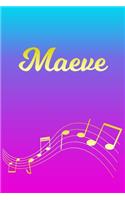 Maeve: Sheet Music Note Manuscript Notebook Paper - Pink Blue Gold Personalized Letter M Initial Custom First Name Cover - Musician Composer Instrument Com