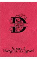 Split Letter Personalized Journal - Deborah: Elegant Flourish Capital Letter on Red Leather Look Background