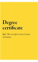 Degree certificate (n.) The receipt to your 4 years of tuition.