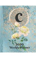 Plan On It Large Print 2020 Weekly Calendar Planner 15 Months Notebook Includes Address Phone Number Pages - Monogram Letter C: January 2020 through March 2021: Blue and Peach Damask Lace with Yellow Roses on Glossy Cover