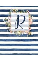 R: Letter R Monogram Initial Notebook - 8.5" x 11" - 100 pages, Dot Bullet Grid Pages- Watercolor Floral Notebook