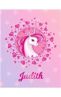 Judith: Unicorn Large Blank Primary Sketchbook Paper - Pink Purple Magical Horse Personalized Letter J Initial Custom First Name Cover - Drawing Sketch Book