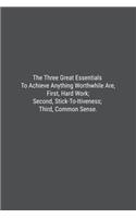 The Three Great Essentials To Achieve Anything Worthwhile Are, First, Hard Work; Second, Stick-To-Itiveness; Third, Common Sense.