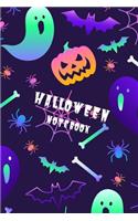 Halloween Notebook: Purple Cover Lined Paper Halloween Composition Book With Creep Scary Pumpkin Journal And Diary 100 Pages For Kids