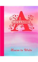 Alexandria Learn to Write: Personalized Letter A First Name Handwriting Primary Composition Practice Paper Glossy Pink & Blue Watercolor Effect Notebook Cover Dashed Midline W