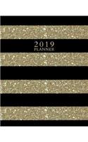 2019 Planner: Weekly and Monthly Agenda/Calendar Oct 2018 - Dec 2019 Black and Faux Gold Glitter Stripe