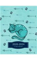 2020-2024 5 Year Monthly Planner: Cat Blue Cover - Agenda With Dot Grid Pages - 12 Months Calendar Monthly Planner With Vision Board
