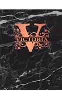 Victoria: Personalized Dot Grid Bullet Notebook for Women or Girls. Monogram Initial V. Black Marble & Rose Gold Cover. 8.5 x 11 110 Pages Dotted Journal Diar