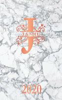 Jamie: 2020. Personalized Name Weekly Planner Diary 2020. Monogram Letter J Notebook Planner. White Marble & Rose Gold Cover. Datebook Calendar Schedule