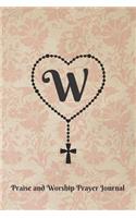 Letter W Personalized Monogram Praise and Worship Prayer Journal - Rosary Cross: Heart Shaped Rosary Beads with Cross on Antique Floral Wallpaper Pattern in Rose Beige Bible Study Notebook