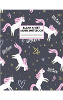 Blank Sheet Music Notebook: Cute Unicorn Matte Cover Design with 110 Pages White Paper Interior for Musician Students and Professionals Playing Piano, Ukelele, Mandolin and oth