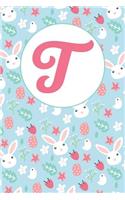 T: Letter T Journal, Easter Bunnies, Eggs, Chicks, and Flowers, Personalized Notebook Monogram Initial, 6 X 9