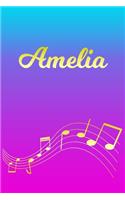 Amelia: Sheet Music Note Manuscript Notebook Paper - Pink Blue Gold Personalized Letter A Initial Custom First Name Cover - Musician Composer Instrument Com