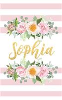 Sophia: Beautiful Pink Striped Floral Personalized Girl's Name Notebook Blank Lined Writing Journal Birthday Gift For Daughter, Gift for Mom