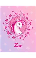 Zoe: Unicorn Large Blank Primary Sketchbook Paper - Pink Purple Magical Horse Personalized Letter Z Initial Custom First Name Cover - Drawing Sketch Book