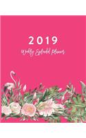 2019 Weekly Splendid Planner: Hot Pink Flamingo & Peony Roses with Tropical Leaves Dated Calendar Schedule Book