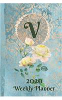 Plan On It 2020 Weekly Calendar Planner 15 Month Pocket Appointment Notebook - Monogram Letter V: January 2020 thru March 2021 Dated Agenda Notebook - Blue and Peach Damask Lace with Yellow Roses