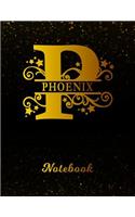 Phoenix Notebook: Letter P Personalized First Name Personal Writing Notepad Journal Black Gold Glittery Pattern Effect Cover Wide Ruled Lined Paper for Journalists & 