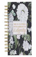 Christian Art Gifts Journal W/Scripture Strength & Dignity Proverbs 31:25 Bible Verse Black Floral 192 Ruled Pages, Large Hardcover Notebook, Wire Bound