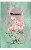 Bonnie Personalized Name Plan on It 2019 Weekly Planner: 14 Month Calendar Planner in Green and Pink Damask Lace with Roses on Glossy Cover