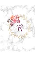 R: Monogram Initial R Notebook for Women, Girls and School, White Marble and Floral 8.5 x 11