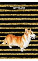 Notebook: Watercolor Pembroke Corgi Dog With Black And Gold Strips Blank Lined Journal To Write In For Notes, Ideas, Diary, To-Do Lists, Notepad - Corgi Gifts