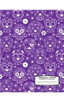 Multipurpose Notebook Composition Journal Diary: Sugar Skulls with Hearts and Flowers on Purple Background - 8.5 X 11 - Composition Book for School or Activities, Softcover, College Ruled, 150 Page