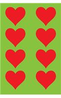 100 Page Unlined Notebook - Red Hearts on Lawn Green