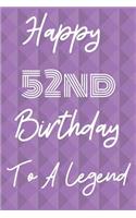 Happy 52nd Birthday To A Legend: Funny 52nd Birthday Gift Journal / Notebook / Diary Quote (6 x 9 - 110 Blank Lined Pages)