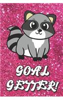 Goal Getter: Cute Raccoon On Pink Glitter Stars Effect Background, Lined Paper Note book For Girls, For Drawing, Sketching & Crayon Coloring (Kids Teens and Adul