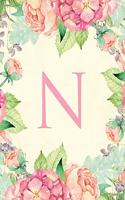 N: Traditional watercolor, stylish, decorative and simple floral capital letter monogram lined notebook, pretty, cute and suitable for women and girls.