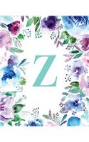 Z: Watercolor Floral, 150 Pages, 8" x 10"(Blank Lined Monogram Initial Journal Notebook for Composition, Sketching, Inspiration, and Notes)