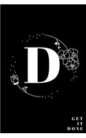 Simple Black Initial Letter D Notebook with Rose Floral Journal for Women, Girls Birthday Gift and School