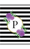 Black and White Striped Purple Floral Monogram Journal with Letter P