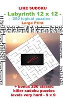 Like Sudoku - Labyrinth 12 X 12 - 250 Logical Puzzles -: Large Print + Solutions + Bonus 250 Classic Killer Sudoku Puzzles Levels Very Hard - 9 X 9