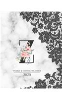 Weekly & Monthly Planner 2020 Z: Black Lace Marble Monogram Letter Z with Pink Flowers (7.5 x 9.25 in) Vertical at a glance Personalized Planner for Women Moms Girls and School