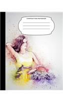 Composition Notebook: 7.5X9.25 Inch 109 Pages Half Blank Half Wide Ruled School Exercise Book With Picture Space For Girls and Women - Watercolor Picture Lady Flower Bask