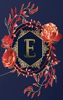 Journal Notebook Initial Letter "E" Monogram: Elegant, Decorative Wide-Ruled Diary. Featuring Unique Red/Peach Roses & leaf design, Navy Blue Background and Gold Hexagonal Frame around a Scroll 