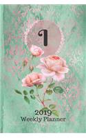 Letter I Personalized 2019 Plan on It Weekly Planner: Monogrammed 14 Month Calendar Planner in Green and Pink Damask Lace with Roses on Glossy Cover(2019 Plan on It Weekly Calendar Planner)