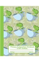 Primary Composition Notebook Story Journal: T-rex Dinosaur Tea Cup Notebook with Picture Space and Handwriting Practice Paper for Kids in Kindergarten, First and Second Grade, 100 Blank Writin
