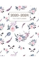 2020-2024 Five Year Planner: Monthly Agenda & Schedule with US Holidays - 60 Months or 5 Years - Boho Floral Deer With Arrows
