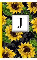 J: Floral Letter J Monogram Personalized Journal, Black & Yellow Sunflower Pattern Monogrammed Notebook, Lined 6x9 Inch College Ruled 120 Page Perfect 