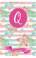 Q Journal: Tropical Journal, personalized monogram initial Q blank lined notebook - Decorated interior pages with tropical flowers