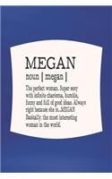 Megan Noun [ Megan ] the Perfect Woman Super Sexy with Infinite Charisma, Funny and Full of Good Ideas. Always Right Because She Is... Megan: First Name Funny Sayings Personalized Customized Names Women Girl Mother's Day Gift Notebook Journal