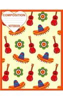 Composition Notebook: Guitarlele KiKu Ukulele Sombrero & Mexican Flowers Cinco De Mayo Design Wide Ruled Lined 8.5x11 A4 Writing Book Cream & Orange Cover Mexican Gifts f