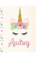 Audrey: Personalized Unicorn Primary Story Journal For Girls With Pink Name - Half Ruled Dotted Midline and Blank Picture Space - Kindergarten to Early Chil