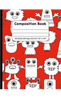 Composition Book Dot Grid: Journal Notebook for School Home or Work, White Monsters on Red