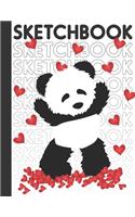 Sketchbook: Cute Blank Notebook for Sketching and Picture Space with Panda and Red Hearts, Unlined Paper Book for Drawing, Journaling and Doodling, Perfect for 