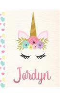 Jordyn: Personalized Unicorn Sketchbook For Girls With Pink Name - 8.5x11 110 Pages. Doodle, Sketch, Create!